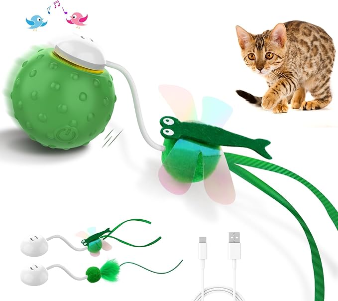 Waaiio Interactive Cat Ball Toy, Fast Moving Cat Toys for Indoor Cats-with Dragonfly & Feather Tails,Automatic Motion Activated, Realistic Squeak Sound for Exercise Stimulation (Green)