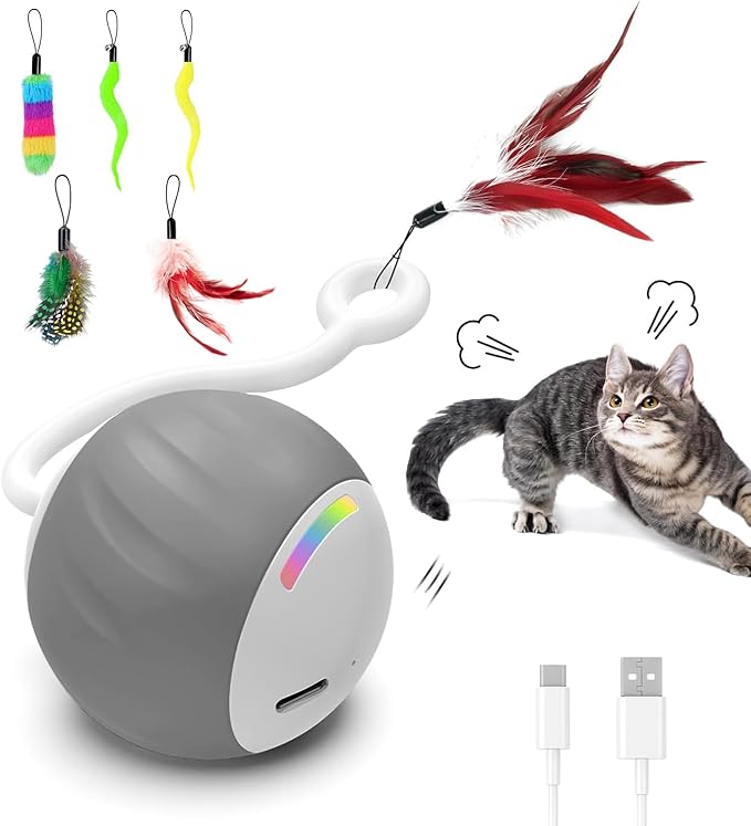 2.36 Inches Large Cat Toys Ball - Won’t Get Stuck, [Newly Upgraded] Sound & Motion-Activated, 2 Speed Fast/Slow Settings Automatic Interactive Cat Toy for Indoor Cats with 5 Tails Rechargeable - Gray