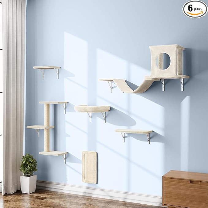 NUNU LAB Wall Mounted Cat Climber Set, 6 Pcs Cat Furniture Set with House, Bridge, Steps, Scratcher Board and Hammock, Shelves for Indoor, Luxury Walls Furniture, White