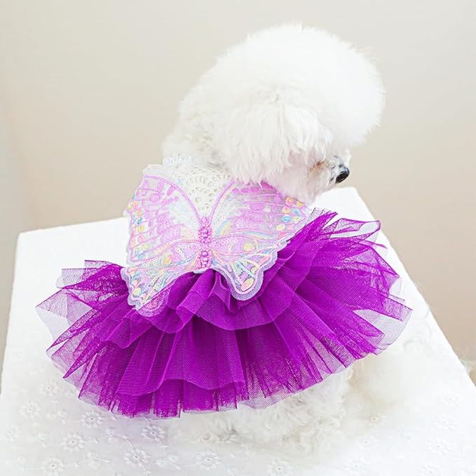 ANIAC Butterfly Dog Dress with Purple Tutu Funny Dog Clothes with Wing Girl Puppy Dress for Small Dogs Pet Butterfly Costume Holiday Cat Outfit for Halloween Birthday Wedding (Purple, X-Small)