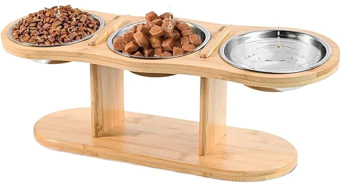 Tilt Raised Cat Bowl Dog Three Slot Wooden Pet with Stand 3 Stainless Steel Bowls for Cats and Puppies