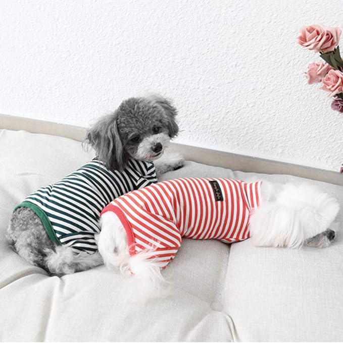 Hdwk&Hped Soft Cotton Dog Pajamas for All Seasons, Striped Pet Bottoming Jumpsuit for Small Dog Cat Puppy (#1, Striped Style - 2-Pack(red&Dark Green))
