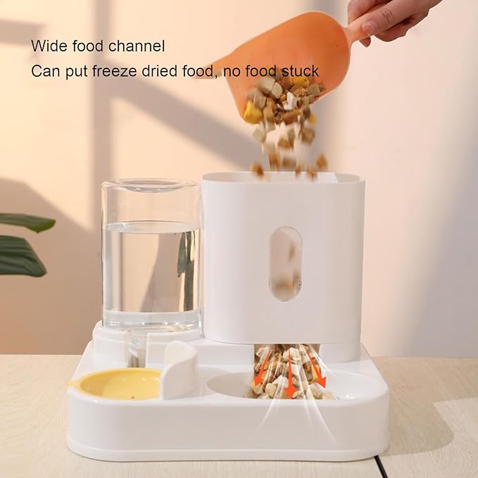 2 in 1 Automatic Cat Feeder and Water Dispenser, Large Capacity Self Feeding Dog Food Dispenser Gravity Food Bowl with 1l Water Tank for Multiple Pets (Yellow)