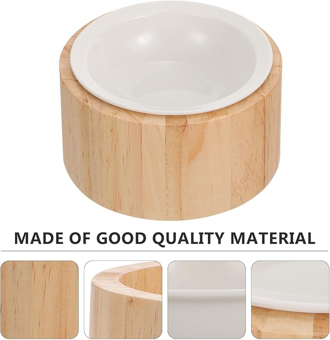 NUOBESTY Elevated Ceramic Cat Bowl with Wood Stand Anti-Vomiting Raised Pet Feeder Dish Round Single Bowl for Cat Feeding and Watering Spine Protection