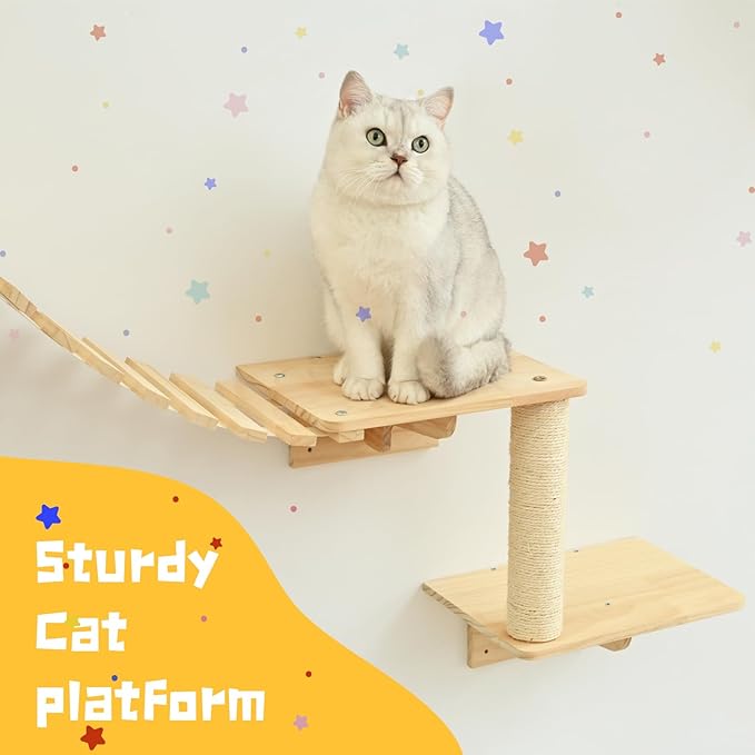 Cat Wall Shelves 9pc with 2 Wooden Condos, Wall Mounted Cat Furniture for Large Cats, Cat Climbing Wall Perch with Scratching Posts, Space Saving Cat Activity Tree
