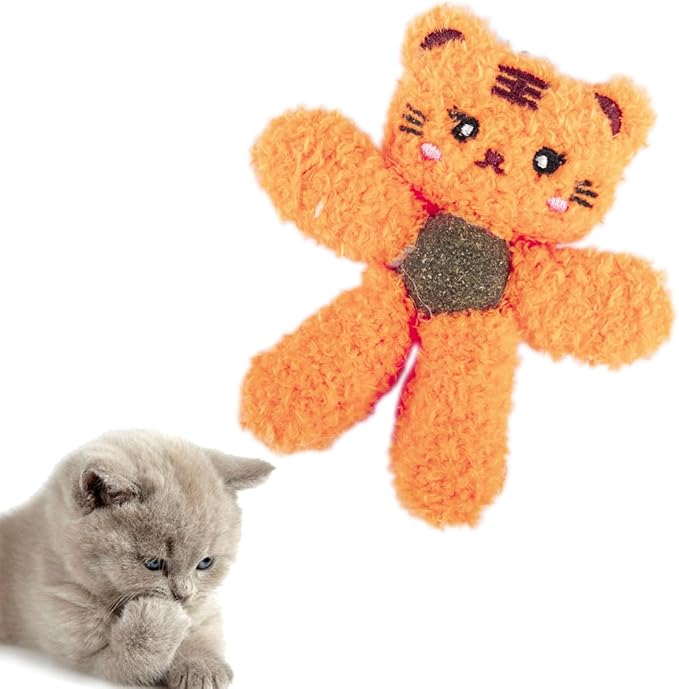 Plush Catnip Toys for Indoor Cats, Interactive Kitten Chew Toys for Teething & Dental Care, Durable Nylon Animal Shape Kicker Toy with Natural Catnip Ball for Boredom Relief (Tiger)