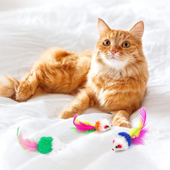 Cat Mouse Toys 12 Pcs Rattle Mice for Indoor Cats Furry Feather Fake Mouse Kitten Interactive Play Squeaky Fur Mice Cat Toy Funny Kitty Tracking Game with Rattling Sounds