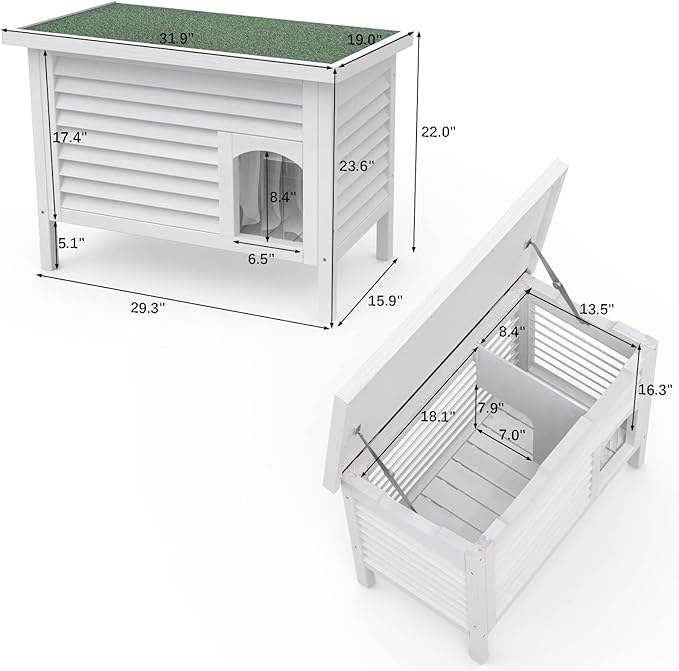 GDLF Outdoor Cat House Solid Wood Feral Cat Shelter with Waterproof Roof & Special Full Ventilation Design Keeps Multiple Felines Cool for Hot Summers 31.9" Lx18.9 Wx23.6 H