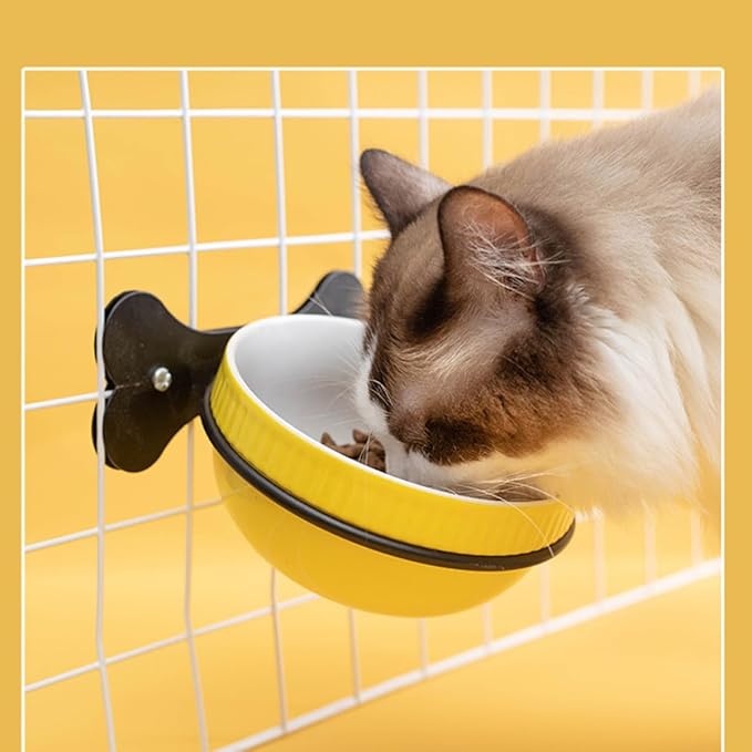 COHEALI Hanging Ceramic Cat and Puppy Bowl Set with Iron Stand, Tilted Non-Spill Design, Decorative Yellow Fishbone Pattern, Suitable for Indoor Pet Feeding and Watering