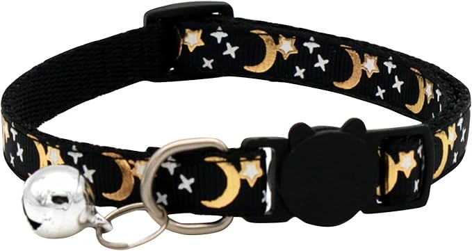 Adjustable Red Cat Collar with Moon and Star Design, Breakaway Buckle and Bell, Reflective for Night Visibility
