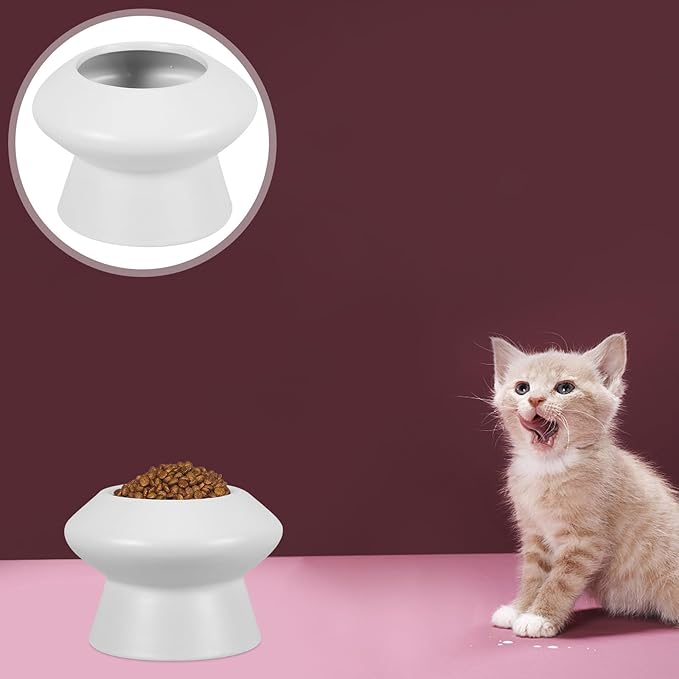 Ceramic Raised Pet Feeding Bowl High Feet Water and Food Dish Flat-Faced Design to Prevent Wet Mouth Suitable for Small to Medium Pets Sturdy Ceramic Feeder Random Color