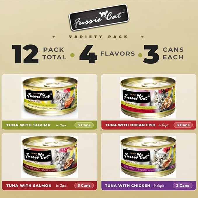 Fussie Cat Premium Canned Grain Free Cat Wet Food - Variety 4 Flavors Pack Food Bowl (12 Cans) (Tuna & Ocean Fish- Salmon - Shrimp - Chicken) (2.82 Oz)