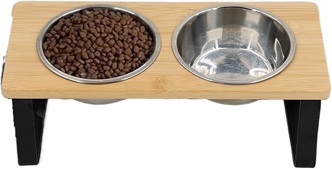 Elevated Cat Bowls Raised Food with Wooden Stand 2 Stainless Steel for Cats and Puppy