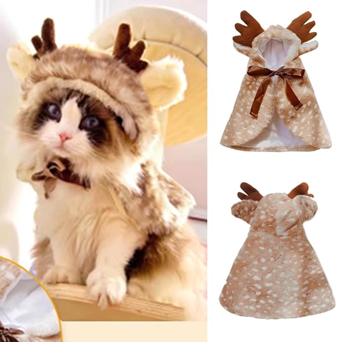 ANIAC Christmas Puppy Reindeer Costume Xmas Dog Elk Cloak with Antlers Cat Santa Cape Christmas Dog Outfit for Small Medium Dog (Medium, Brown)