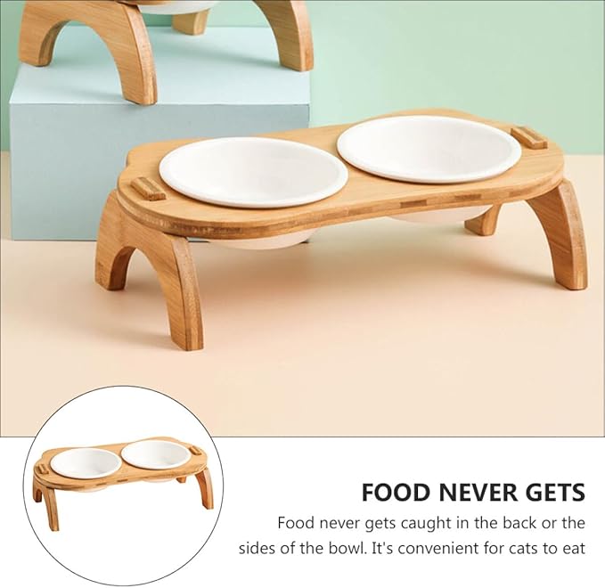DOITOOL Raised Cat Feeding Bowls Set, Tilted White Ceramic Bowls with Wooden Stand, Spine Protection Elevated Pet Food and Water Feeder for Indoor Cats and Kittens