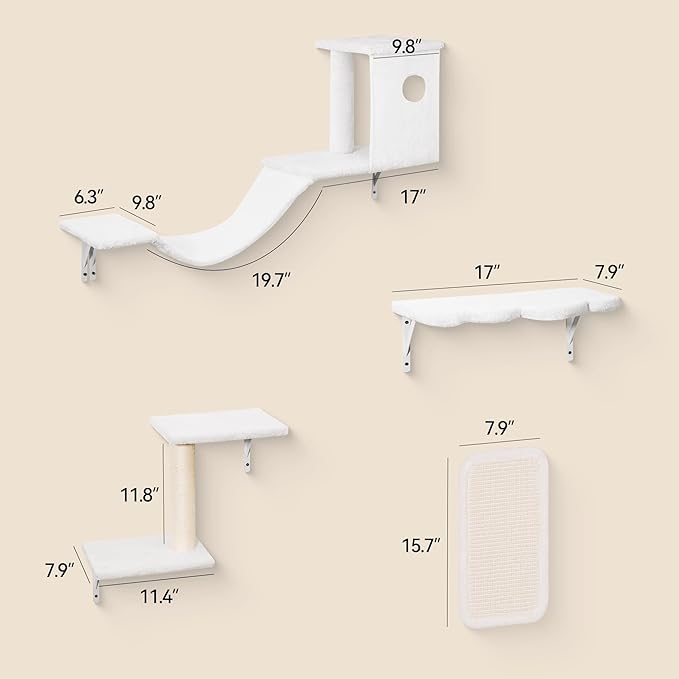Meecal 6-in-1 Cat Wall Shelves, Wall-Mounted Cat Furniture for Indoor Kittens, Modern Floating Shelves with Scratching Posts, Bed, Perch, Bridge, Condo, Steps and Scratcher, Space-Saving Gym, White
