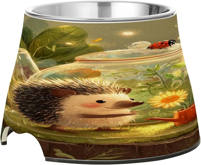 Cute Hedgehog Watering Pets Food Bowls with Stand Stainless Steel Pets Dish Bowl for Slow Feed Cats Whisker Relief