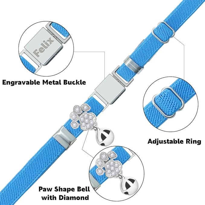 Personalized Safety Elastic Cat Collars with Bell,Laser Customized Stretch Kitten Collars for Girls Boys Cats-Sky Blue