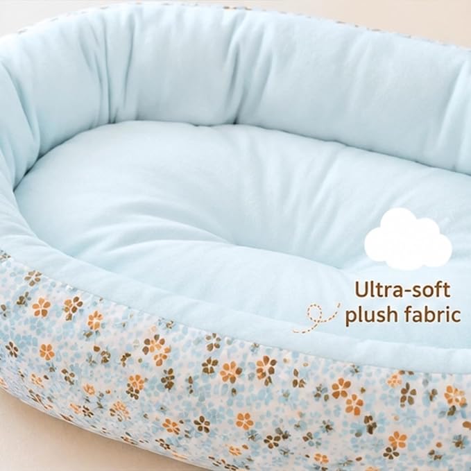 Floral Print Cat Beds for Indoor Cats Cozy Plush Fabric, Supportive Raised Sides, Non-Slip Bottom Washable Mat for Small Medium Pet Puppy Dog (Light-Blue,Medium)