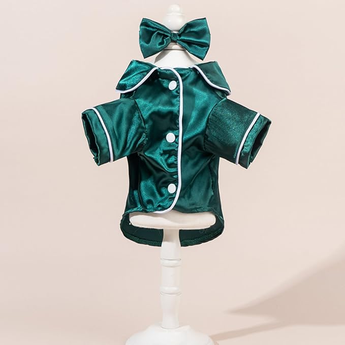 Cat Puppy Costume Elegant Satin Pajamas with Bow Headband 2PCs Set Pet Sleepwear Cute Pet Outfit Cosplay Partywear Photoshoots (Green Set,X-Large)