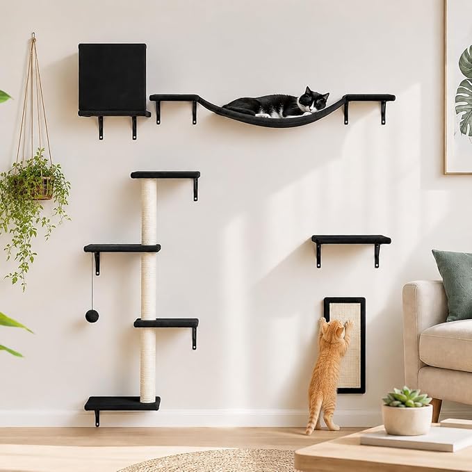 Modern Wall-Mounted Cat Furniture - 5pcs Cat Wall Shelves, Wooden Climber Includes House, Bridge, Tree, Steps, and Scratcher (Black)