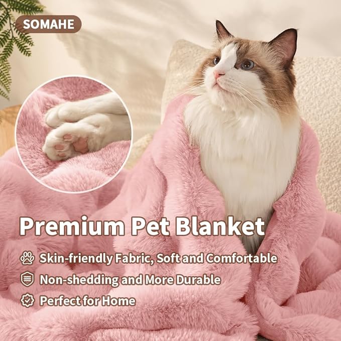 SOMAHE Cat Blanket, Reversible Sherpa & Bubble Fleece Pet Throw, Ultra-Soft Plush for Indoor Cats, Machine Washable, Anti-Static, Warm & Cozy, 22"×18" Inch Pink