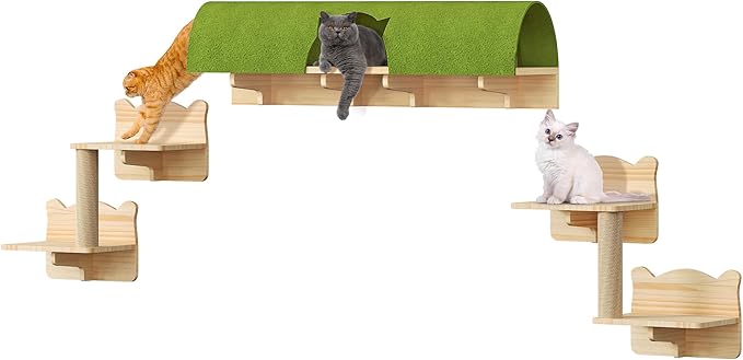 7-in-1 Cat Wall Shelves, Multi-Level Solid Wood Cat Furniture for Wall, Floating Cats Wall Shelves Set, Cat Climbing Wall Systems with Scratching Post and Tunnel, Burlywood