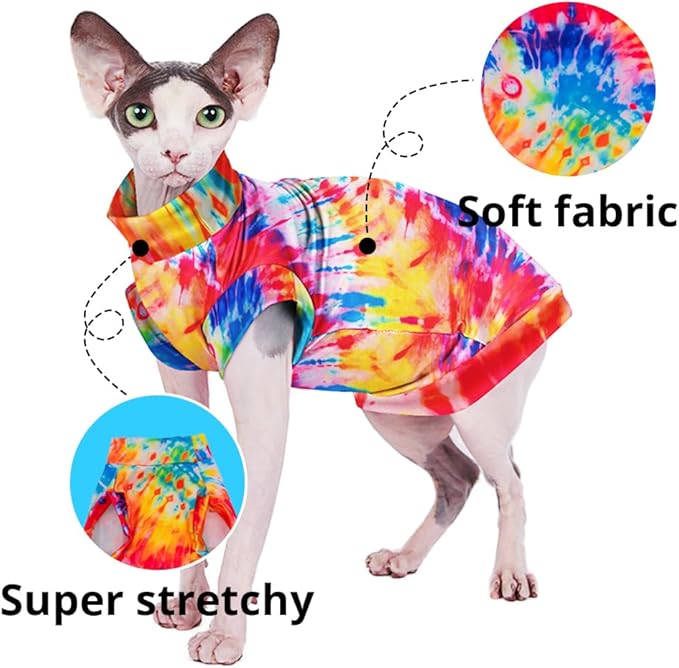 Sphynx Cat Tie Dye Shirt, Breathable Stretchy Cat Clothes, Soft Hairless Cats Shirt, Lightweight UPF50+ Sun Protection Shirt for Cats and Small Dogs (XXL (11-14lbs)