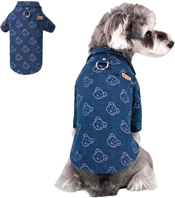 Unisex Pet Denim Shirt for Cats & Small Dogs, Soft Washed Denim, Collared Button Down with Back D-Ring, Breathable Cotton, Spring/Summer/Fall (Medium, Shirt-Dark Blue with Bear)