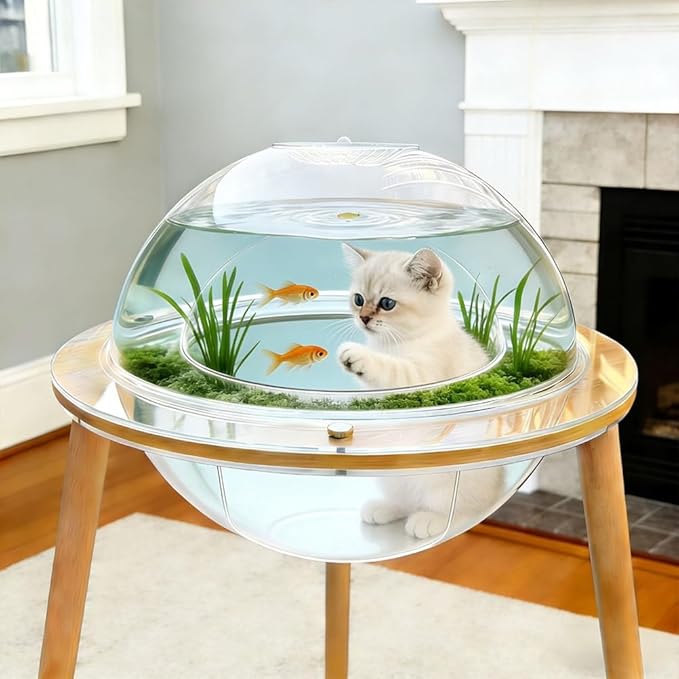 2 in 1 Acrylic Cat House with Fish Tank, Clear Cat Bed with Wooden Legs, Modern Cat Cave Indoor with Aquarium Base, Transparent Cat Pod Bed Furniture for Cats, 23.6" L × 23.6" W × 20.5" H