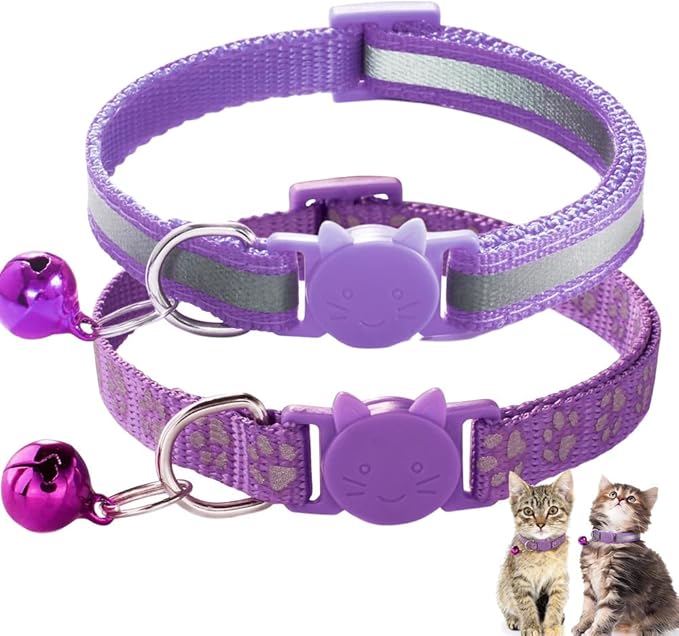 Purple Reflective XS Cat Collar with Bell, 2 Pack Breakaway Kitten Collars Girl Cute Soft Quick Release Safety Buckle for XXS XSmall Extra Small Tiny Little Pets Female