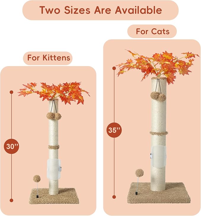 MECOOL Cat Scartching Post，30-inch Cute Scartching Posts for Indoor Cats and Kittens,Natural Sisal Rope and Hanging Ball Toy, Self-Grooming Brush,Beige