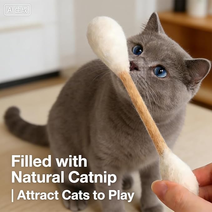 Cotton Swabs Cat with Catnip, 6 Pk Giant Kitten Chew Sticks for Indoor Boredom, Durable Dental Teething Ropes, Big Interactive Felt Kitty Kicker Play Lover Gift Accessories (Beige)