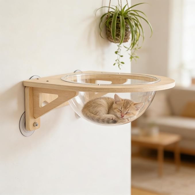 Cat Space Capsule House, 15.75 * 15.75in Clear Cat Window Perch, Cats Wall Bed, 16.53lbs Load Capacity, Detachable Semi-Enclosed Design for Cats in Living Room/Bedroom/Balcony