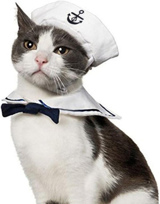 NAMSAN Pet Sailor Costume for Cats Small Dogs, Cat Halloween Costumes, Small Dog Sailor Outfit, Cat Sailors Hat with Tie Collar, Pet Navy Costume for Kitten Puppy Statue Decoration
