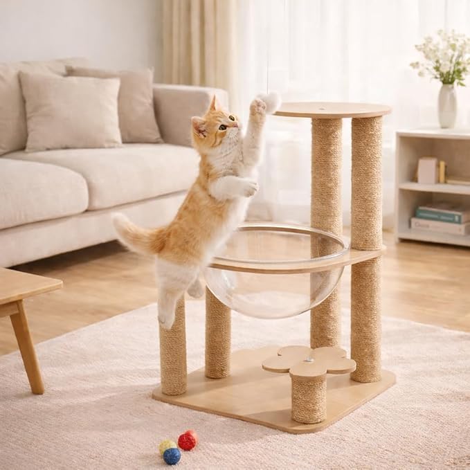 32IN Cat Tree with Clear Acrylic Bowl Bed, Multi-Level Cat Tower with Sisal Scratching Posts, Wooden Platforms and Hanging Toy, Indoor Cat Climbing Activity Furniture