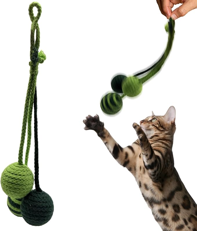 Hanging Cat Toy for Indoor Cats - Durable Sisal Cat Chew Rope Balls with Squeaker for Cat Tree - Teething Kitten & Best Cat Toys for Bored Indoor Adult Cats