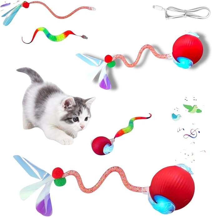New Upgraded Red Cat Ball Toy, Speedy Tail 2.0 Cat Toy, Interactive Cat Toy Ball, Stimulating Toys and Juguetes para Gatos, Cat Toys for Indoor Cats, Interactive Dog Toys with Two Tails, (RED)