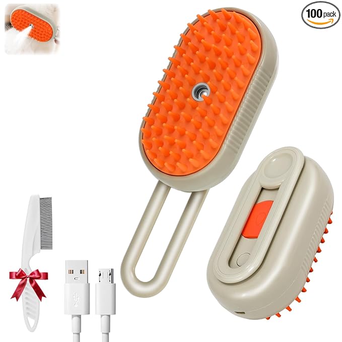 2025- New cat steam brush, 4-in-1 cat steam brush, for massaging and cleaning fallen pet hair, suitable for cats, dogs, rabbits and other pets (khaki + white) -2 pieces (Khaki color)