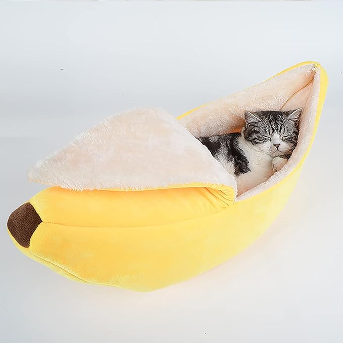 DULRLLY Banana Cat Bed,Creative Banana Shape Cat Bed for Indoor Cats Cute Cat Bed with Removable Pad Soft Plush Self Warming Cat Sleeping Bed for Winter Dogs and Cats Warm House Bed(M)