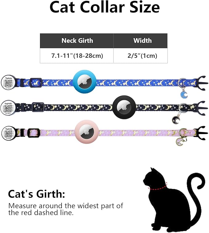 4-in-1 Safety Cat Collar: Glow in The Dark, Reflective, QR Code ID & Airtag Holder | Breakaway Collar with Bell & Moon Star Pendant, 2PCS Adjustable Safe Kitten Collars (Purple)