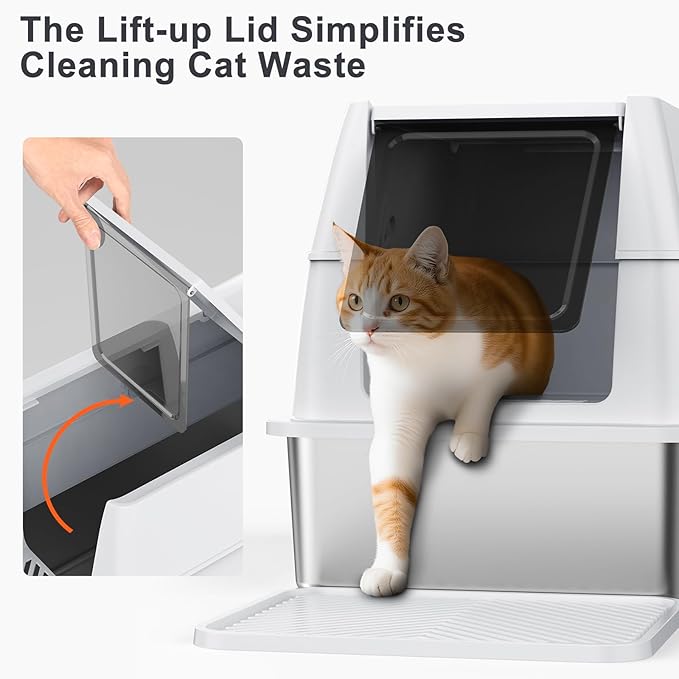 XL Extra Large Stainless Steel Litter Box with Lid, Metal Cat Litter Boxes for Big Cats Enclosed, Metal Litter Box with Litter Scoop Set, Non-Sticky, Anti-Urine Leakage, 24"*16"*18", Silver Gary