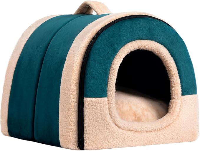 Hollypet Cat Bed Self-Warming 2 in 1 Foldable Kitty Cave Hut House Nest Pet Sleeping Bed, Crystal Velvet Pet Condo for Indoor Cats, Green Arched Cave