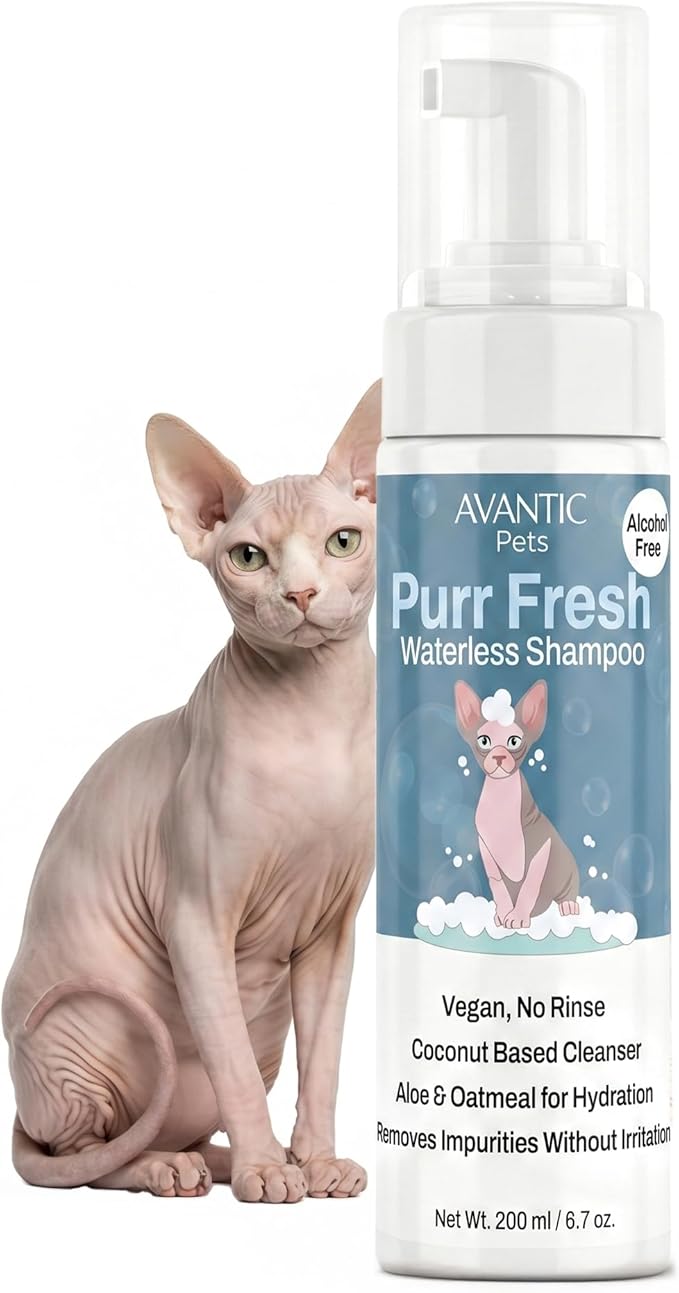Avantic Pets Sphynx Cat Dry Shampoo, Waterless No-Rinse Skin Cleanser for Hairless Cats, Alcohol & Paraben Free, Hydrates & Soothes, 200ml