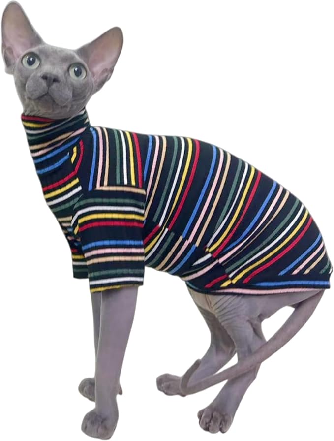 Turtle Neck Vintage Stripes Sphynx Hairless Cat Cotton T-Shirts Pet Clothes Vest Kitten Shirts Sleeveless, Cats & Small Dogs Apparel (Dark Rainbow, XS (2-3 lbs))