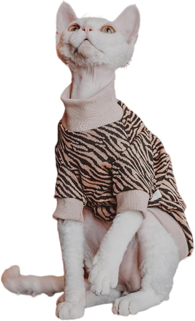 Vintage Mulan Cotton Sphynx Hairless Cats Shirt Cat Turtleneck Pet Clothes Kitten T-Shirts with Sleeves for Sphynx Cornish Rex, Devon Rex, Peterbald (Small, Zebra)