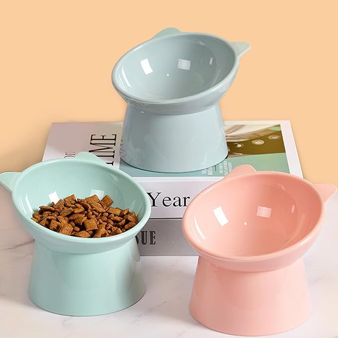 Raised Cat Food Bowl, 15° Tilted Whisker Friendly Dog Water Bowl Anti Vomiting Pet Dishes Puppy Ergonomic Feeding Set Supplies for Cats and Puppies (Pink)