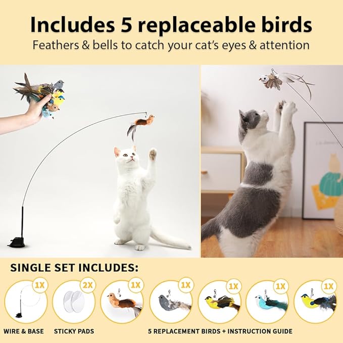 Leo's Paw The Original Interactive Bird Simulation Cat Toy Set Realistic Colorful Feathers Bells Wand Self-Holding Suction Base Stimulating Real-Life Flying Bird Impression Hunting Play (w. 5 Birds)