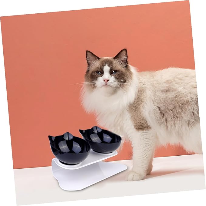 Double Plastic Cat Bowl with Raised Slanted Design, Black Dual Pet Feeding and Watering Bowl, Anti-Spill Tilted Food and Water Dish for Cats and Dogs