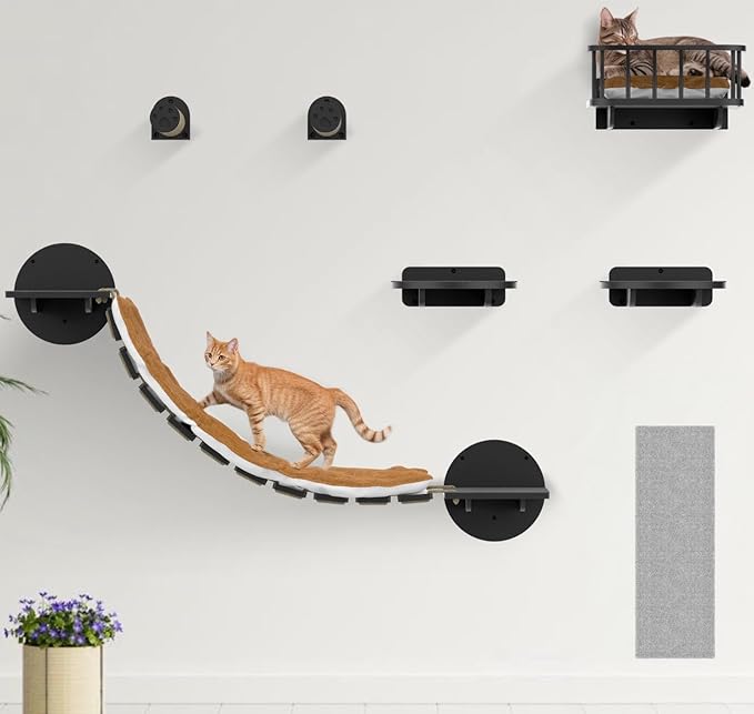 Cat Wall Shelves & Perches – 7-in-1 Cat Wall Furniture Set with Bed, Climbing Steps, Scratcher & Bridge Ladder – Black Bamboo Wall Cat Shelf for Indoor Cats